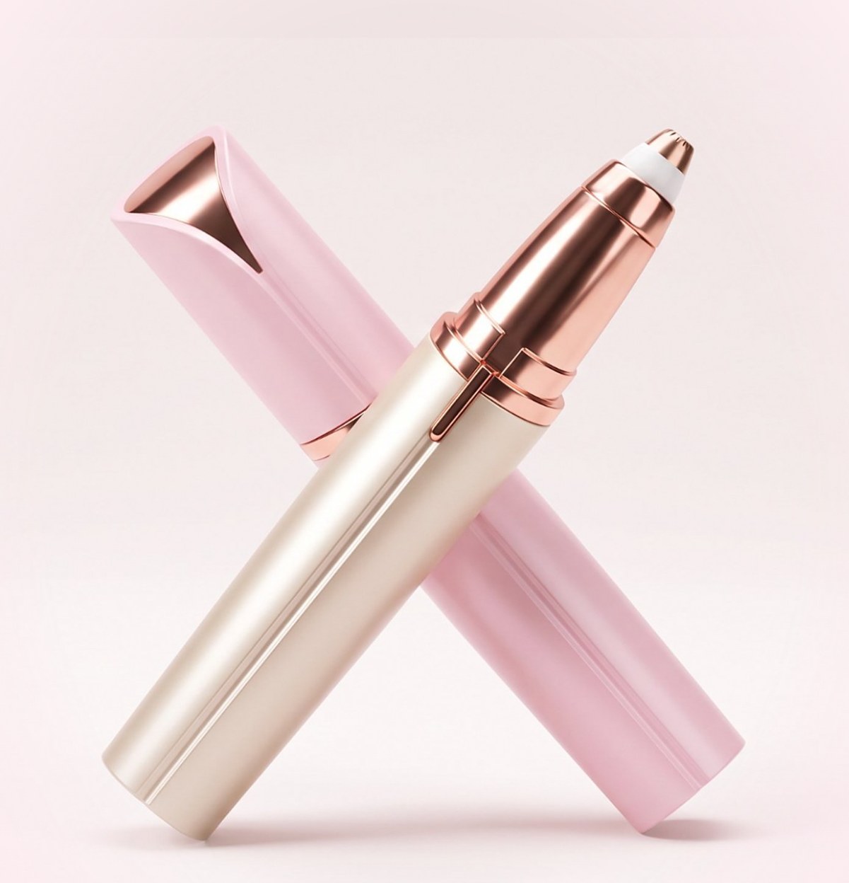 Depilador eléctrico de cejas y su tapa rosa cruzados sobre fondo rosa claro